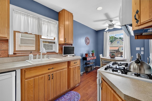 829 Logan Ave, Bronx, NY 10465 - kitchen featuring ceiling fan, light wood-style flooring, light countertops, and stove