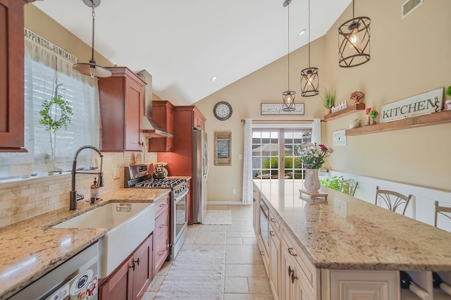 4 Ferndale Blvd, Islip, NY 11751 - kitchen featuring stainless steel appliances, wall chimney exhaust hood, backsplash, high vaulted ceiling, and light stone countertops