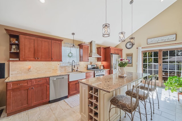 4 Ferndale Blvd, Islip, NY 11751 - kitchen with appliances with stainless steel finishes, open shelves, wall chimney range hood, a kitchen island, and high vaulted ceiling