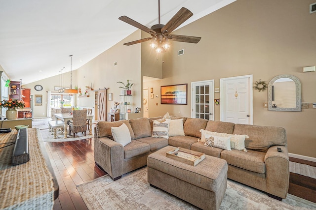 4 Ferndale Blvd, Islip, NY 11751 - living area featuring high vaulted ceiling, wood-type flooring, and a ceiling fan