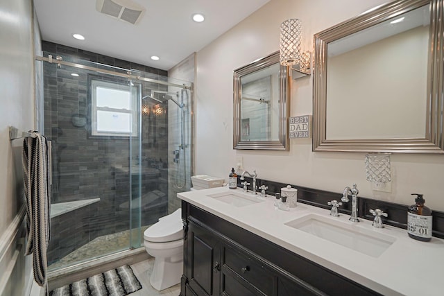 4 Ferndale Blvd, Islip, NY 11751 - bathroom featuring double vanity, a shower stall, and recessed lighting