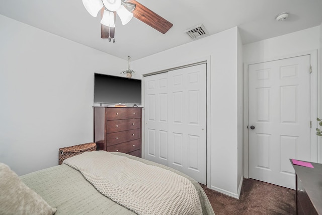 4 Ferndale Blvd, Islip, NY 11751 - bedroom with dark colored carpet, a closet, and ceiling fan