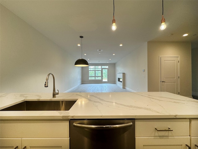 30 Beekman St Unit Ph3, Beacon, NY 12508 - kitchen with dishwasher, light stone countertops, recessed lighting, white cabinets, and open floor plan