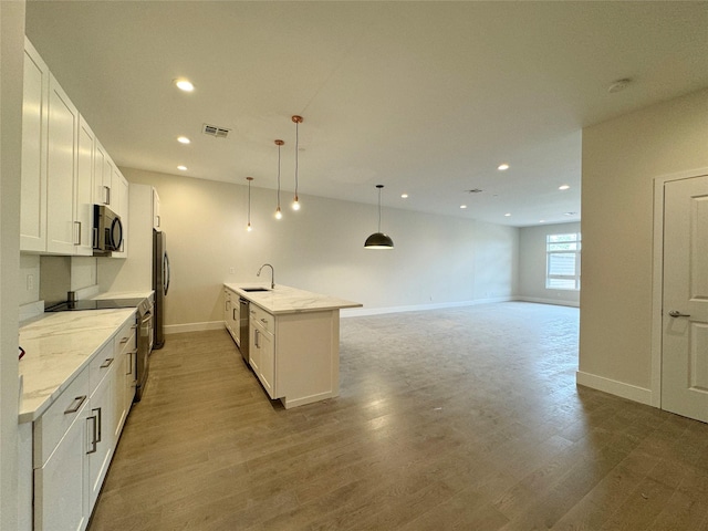 30 Beekman St Unit Ph3, Beacon, NY 12508 - kitchen featuring stainless steel appliances, recessed lighting, white cabinetry, wood finished floors, and light stone countertops