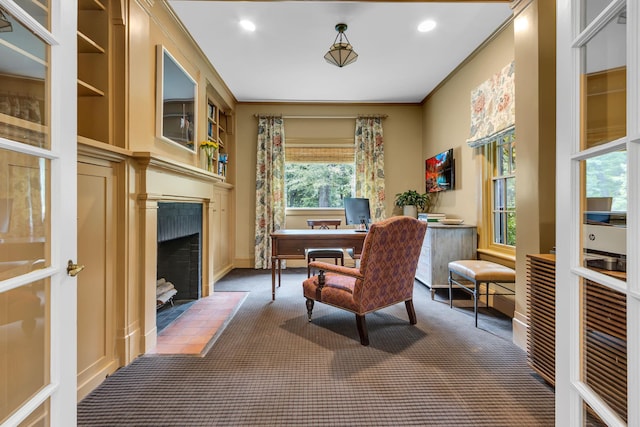 77 Haights Cross Rd, Chappaqua, NY 10514 - carpeted home office with a fireplace with flush hearth and recessed lighting