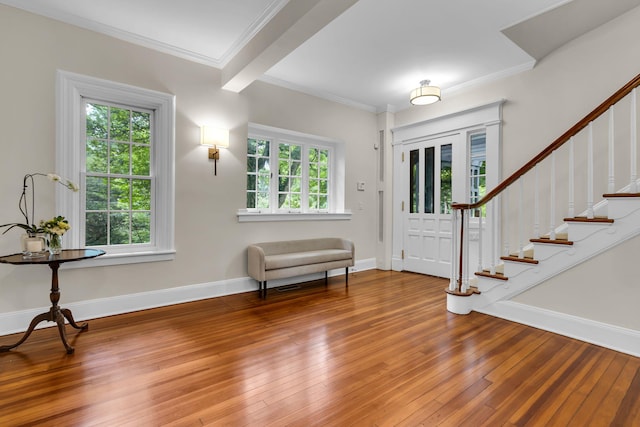 77 Haights Cross Rd, Chappaqua, NY 10514 - foyer entrance with wood-type flooring, stairway, and ornamental molding
