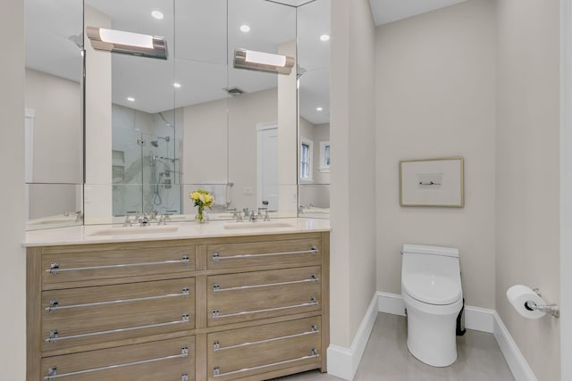 77 Haights Cross Rd, Chappaqua, NY 10514 - bathroom featuring a shower stall, double vanity, and recessed lighting