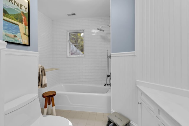 77 Haights Cross Rd, Chappaqua, NY 10514 - bathroom with washtub / shower combination and a wainscoted wall