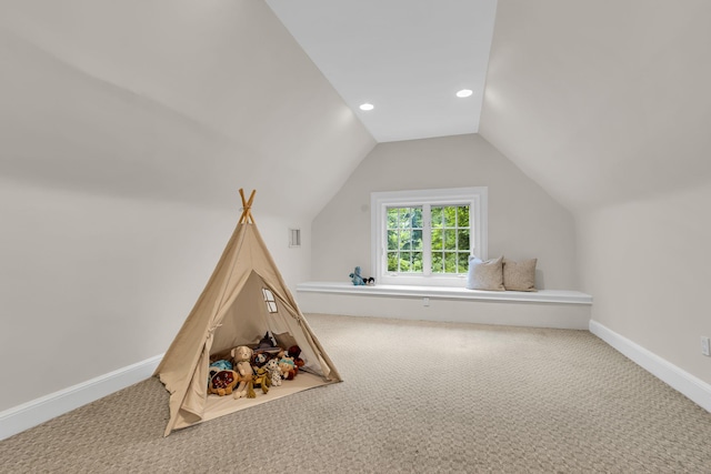 77 Haights Cross Rd, Chappaqua, NY 10514 - playroom with carpet floors, vaulted ceiling, and recessed lighting