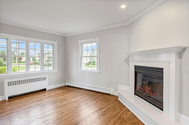 1859 George Ct, Merrick, NY 11566 - unfurnished living room featuring radiator, a baseboard radiator, wood finished floors, a glass covered fireplace, and ornamental molding