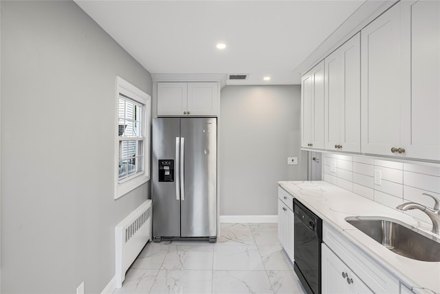1859 George Ct, Merrick, NY 11566 - kitchen with stainless steel refrigerator with ice dispenser, radiator, black dishwasher, light marble finish flooring, and recessed lighting