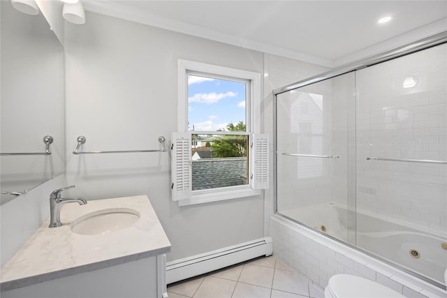 1859 George Ct, Merrick, NY 11566 - full bath with a baseboard radiator, a combined bath / shower with jetted tub, ornamental molding, vanity, and tile patterned floors