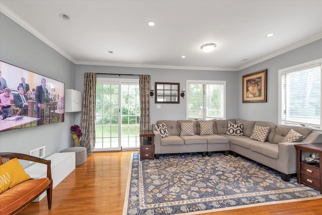 1 Willits Rd, Glen Cove, NY 11542 - living area featuring light wood finished floors, plenty of natural light, ornamental molding, and recessed lighting