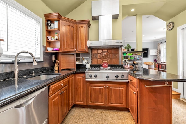 1 Willits Rd, Glen Cove, NY 11542 - kitchen with stainless steel appliances, wall chimney range hood, open shelves, a peninsula, and backsplash