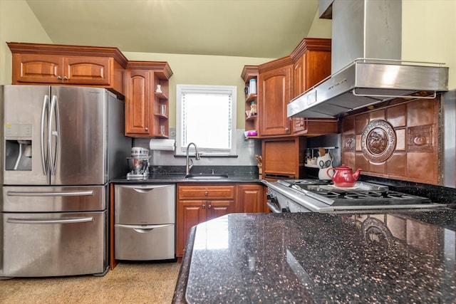 1 Willits Rd, Glen Cove, NY 11542 - kitchen featuring stainless steel appliances, exhaust hood, open shelves, and dark stone counters