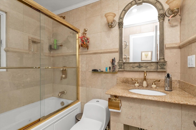 1 Willits Rd, Glen Cove, NY 11542 - full bath featuring tile walls, combined bath / shower with glass door, vanity, crown molding, and tasteful backsplash