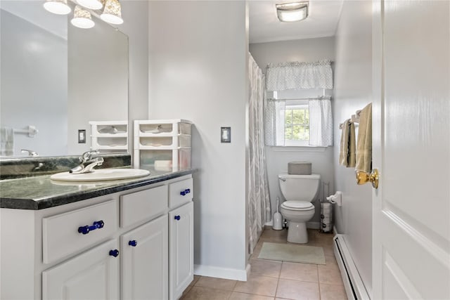 9 Clark Rd, Goshen, NY 10924 - full bathroom with a baseboard radiator, vanity, tile patterned flooring, and a shower with curtain