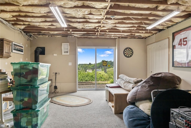 9 Clark Rd, Goshen, NY 10924 - living room with carpet floors and a wood stove