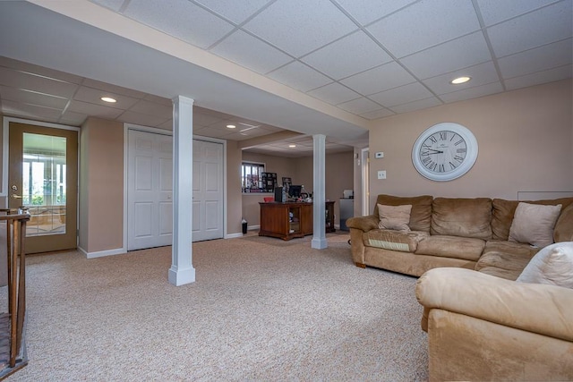 7 Gilmore Dr, Stony Point, NY 10980 - living area with a drop ceiling, light carpet, ornate columns, and recessed lighting