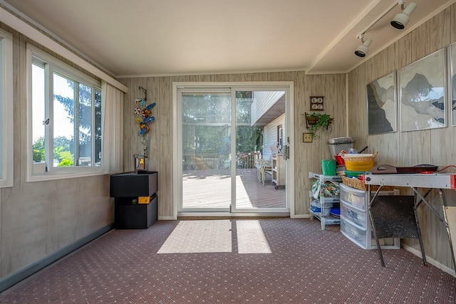 7 Gilmore Dr, Stony Point, NY 10980 - doorway with carpet, ornamental molding, and wooden walls