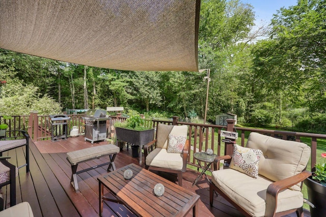 39 Bykenhulle Rd, Hopewell Junction, NY 12533 - deck featuring grilling area, a storage shed, and an outdoor hangout area