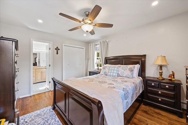 273 N Brewster Rd, Brewster, NY 10509 - bedroom featuring wood finished floors, recessed lighting, a ceiling fan, connected bathroom, and a closet