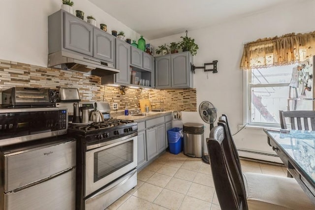 4808 92nd St, Elmhurst, NY 11373 - kitchen featuring gray cabinetry, stainless steel appliances, a baseboard radiator, and tasteful backsplash