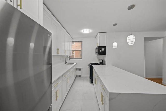 2107 Wallace Ave Unit 4G, Bronx, NY 10462 - kitchen with stainless steel appliances, radiator, white cabinets, and light marble finish flooring