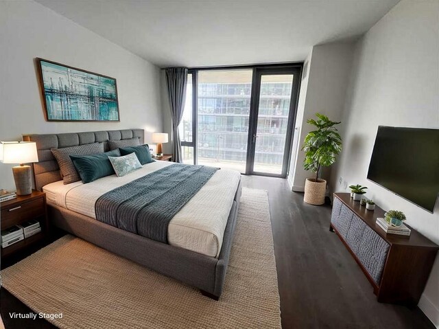 131-05 40th Rd Unit 17T, Flushing, NY 11354 - bedroom with a wall of windows, wood finished floors, and access to outside