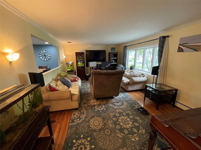 39 Herbert Ave, Lindenhurst, NY 11757 - living area with wood finished floors, ornamental molding, and a baseboard heating unit