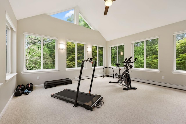 9 Carol Ct, Brewster, NY 10509 - workout area featuring carpet floors, a baseboard radiator, high vaulted ceiling, and ceiling fan