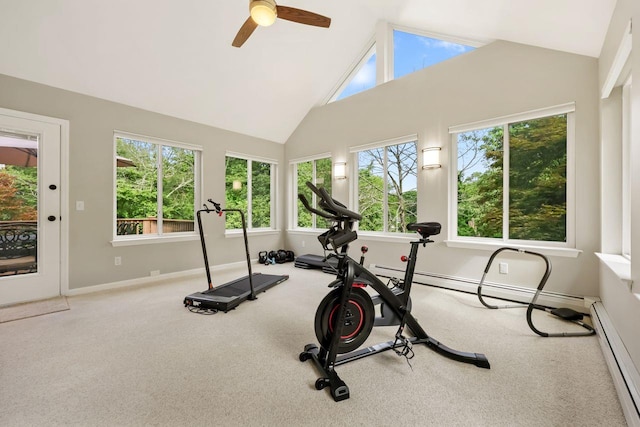 9 Carol Ct, Brewster, NY 10509 - exercise room with high vaulted ceiling, a baseboard heating unit, carpet floors, and plenty of natural light