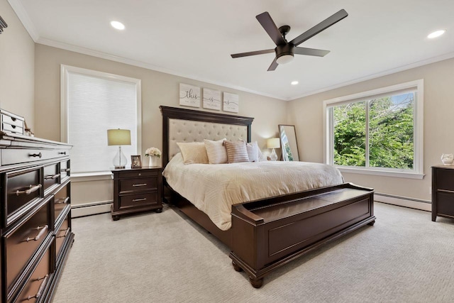 9 Carol Ct, Brewster, NY 10509 - bedroom with light colored carpet, a baseboard heating unit, recessed lighting, ornamental molding, and a ceiling fan