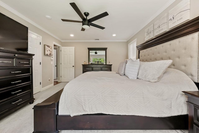 9 Carol Ct, Brewster, NY 10509 - bedroom featuring recessed lighting, crown molding, light carpet, and a ceiling fan