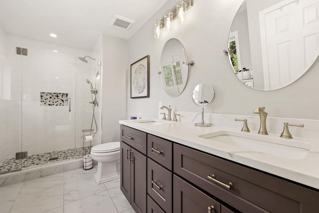 9 Carol Ct, Brewster, NY 10509 - bathroom with double vanity, a stall shower, marble look tile flooring, and recessed lighting
