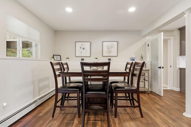 9 Carol Ct, Brewster, NY 10509 - dining space featuring baseboard heating, dark wood finished floors, and recessed lighting