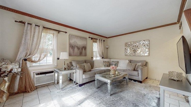 46-03 195th St, Flushing, NY 11358 - tiled living room with ornamental molding and a wall unit AC