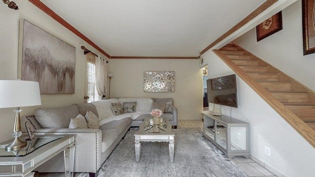 46-03 195th St, Flushing, NY 11358 - living area featuring ornamental molding and stairs