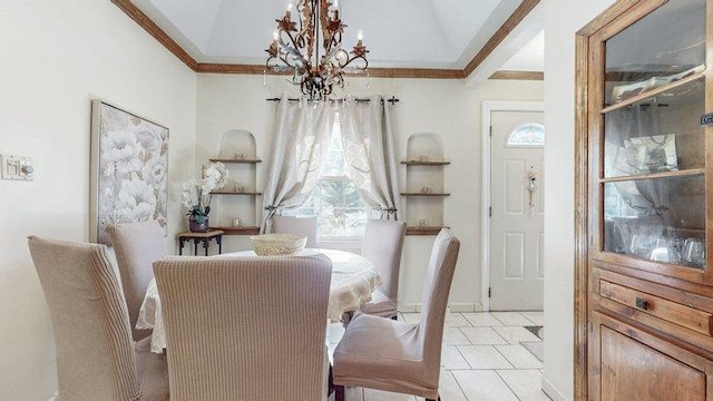 46-03 195th St, Flushing, NY 11358 - dining area featuring a chandelier, crown molding, lofted ceiling, and light tile patterned flooring