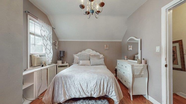 46-03 195th St, Flushing, NY 11358 - bedroom featuring wood finished floors, lofted ceiling, a chandelier, and cooling unit