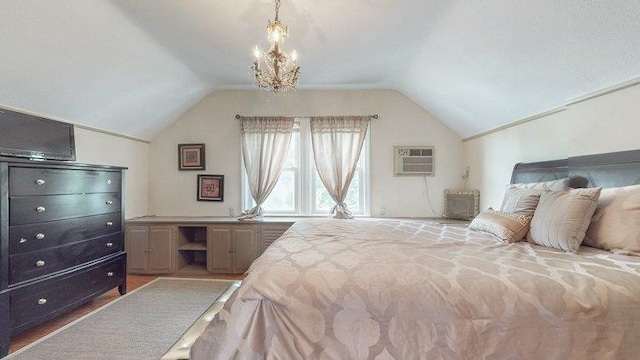 46-03 195th St, Flushing, NY 11358 - bedroom with an AC wall unit, vaulted ceiling, and a chandelier