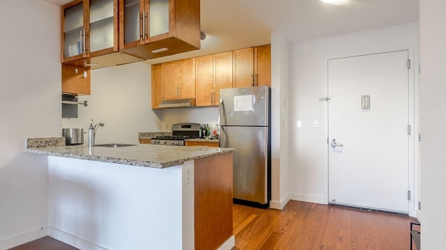 40-26 College Point Blvd Unit 15C, Flushing, NY 11354 - kitchen with appliances with stainless steel finishes, wood finished floors, under cabinet range hood, a peninsula, and glass insert cabinets