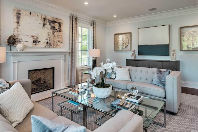 272 Crabapple Rd, Manhasset, NY 11030 - living area with crown molding, a fireplace with flush hearth, recessed lighting, and wood finished floors