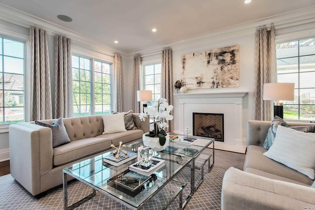 272 Crabapple Rd, Manhasset, NY 11030 - living area with crown molding, healthy amount of natural light, a fireplace with raised hearth, and recessed lighting