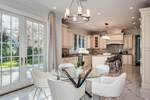 272 Crabapple Rd, Manhasset, NY 11030 - dining area featuring a chandelier, light marble finish floors, healthy amount of natural light, ornamental molding, and recessed lighting