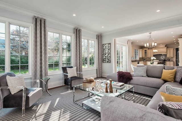 272 Crabapple Rd, Manhasset, NY 11030 - living area with a chandelier, plenty of natural light, ornamental molding, and recessed lighting