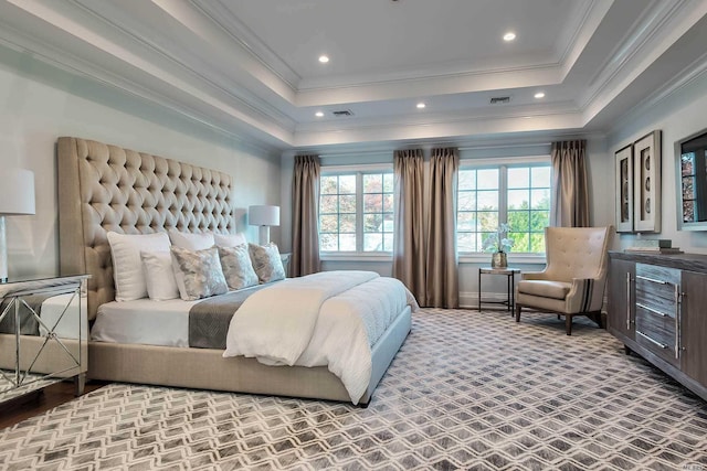 272 Crabapple Rd, Manhasset, NY 11030 - bedroom featuring a raised ceiling, crown molding, carpet flooring, and beverage cooler