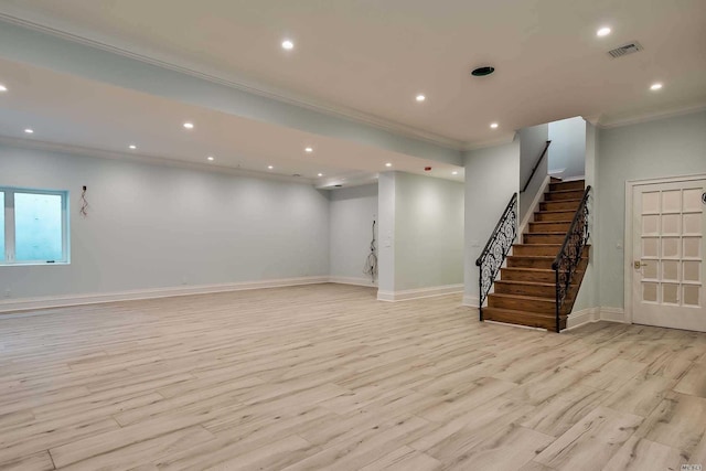 272 Crabapple Rd, Manhasset, NY 11030 - below grade area with crown molding, stairway, recessed lighting, and light wood finished floors