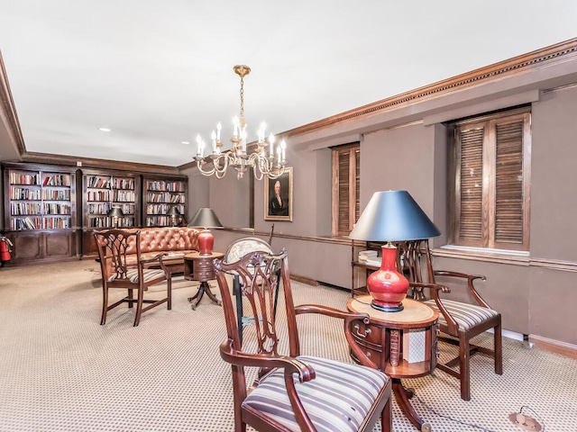 340 W 57th St Unit 5F, New York Manhattan, NY 10019 - living area featuring carpet floors, a chandelier, and crown molding