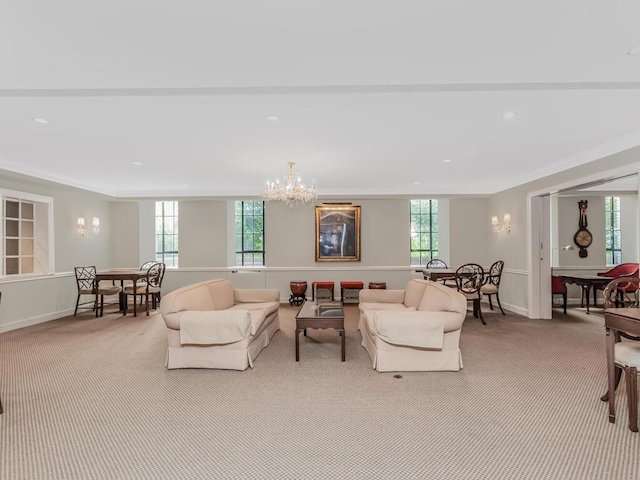 340 W 57th St Unit 5F, New York Manhattan, NY 10019 - carpeted living room featuring a chandelier, plenty of natural light, and recessed lighting